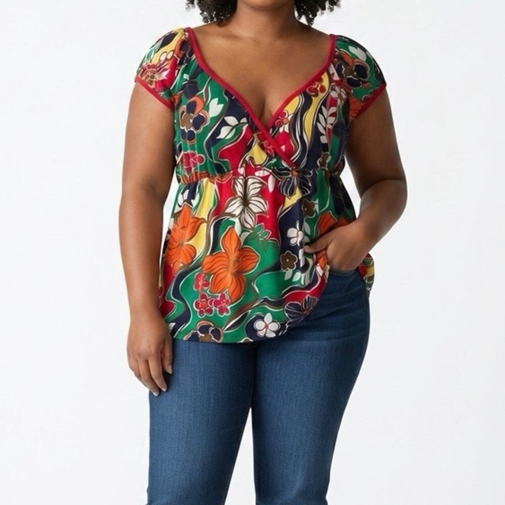 Vtg Y2K Topia Floral Babydoll Tunic Top Sleeveless Crossover V-Neck Boho Size 1X